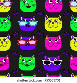 Abstract seamless cat pattern for girls, boys, clothes. Creative vector background with cat, glasses, eyes, mustache. Funny cat wallpaper for textile and fabric. Fashion pattern style. Colorful bright