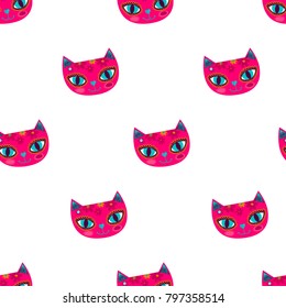 Abstract seamless cat pattern on white background. Pussy kitty repeated backdrop for girls,textile, clothes, wrapping paper. Childish cartoon character. Decorative animal wallpaper