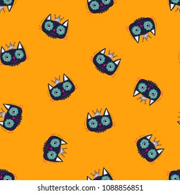 Abstract seamless cat pattern. Princess kitty repeated backdrop for girl, fashion clothes, wrapping paper. Cartoon style of funny kitten faces with crown on top. 