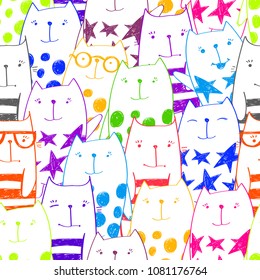 Abstract seamless cats pattern. Cartoon style kitty repeated backdrop for child, textile, clothes, wrapping paper. Funny pet animal character. 