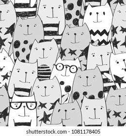 Abstract seamless cats pattern. Cartoon style kitty repeated backdrop for child, textile, clothes, wrapping paper. Funny pet character. Monochrome pet backdrop 