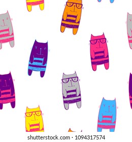 Abstract seamless cats pattern. Cartoon style kitty repeated backdrop for child, textile, clothes, wrapping paper. Funny pet animal character. 