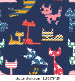 Abstract seamless cats pattern. Kitten silhouette shape with geometric ornanent inside.  Kitties repeated backdrop for kids, textile clothes, wrapping paper.  