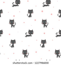 Abstract seamless cats pattern. Kitten repeats backdrop for child, textile, clothes, wrapping paper.