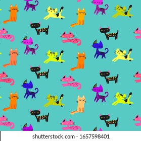 Abstract seamless cats pattern. Kitten repeated print. Pets repeat ornament for fashion textile, clothes, wrapping paper.