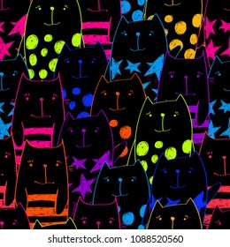 Abstract seamless cats pattern with lines, stars, dots. Cartoon style kitty repeated backdrop for child, textile, clothes, wrapping paper. Funny pet animal character drawing in bright neon colors. 