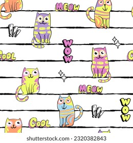 Abstract seamless cats pattern. Lines endless ornament with cars cartoon character, text Cool, meow, wow. Happy kittens repeated print.