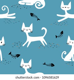 Abstract seamless cats pattern. Moving and sitting kitty, black silhouette of fish skeleton on blue background. white kitten smiling. pet animal repeated backdrop. Full satisfied face.  