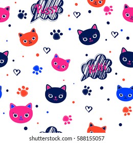 Abstract seamless cats pattern on white background with colorful kitty had, paw, hearts. Childish repeated backdrop. 