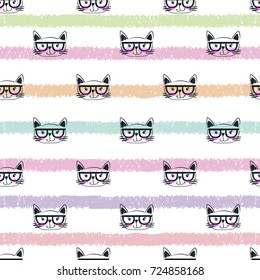 Abstract seamless cats pattern on shabby tender colorful repeated stripes and black background. Animals backdrop for child, textile, clothes, wrapping paper.
