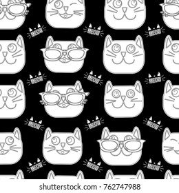 Abstract seamless cats pattern on black background with monochrome face. Cute childish repeated backdrop for child, wrapping paper. pet and dots wallpaper. Set of colorful cats faces with glass