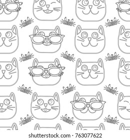 Abstract seamless cats pattern on black background with monochrome face. Cute childish repeated backdrop for child, wrapping paper. pet and dots wallpaper. Set of colorful cats faces with glass