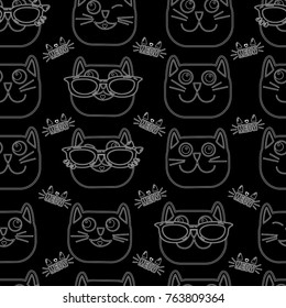 Abstract seamless cats pattern on black background with monochrome face. Cute childish repeated backdrop for child, wrapping paper. pet and dots wallpaper. Set of colorful cats faces with glass