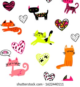 Abstract seamless cats pattern. Romantic repeated print. Valentines day ornament.