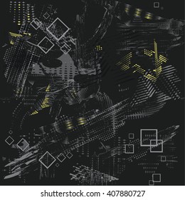 Abstract seamless chaos pattern for boys.  Creative dark background for textile, backpack, clothes, fabric and other. Squares and splash elements on dirty wallpaper. Grunge modern pattern for guys.