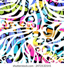 Abstractas estampado de tigre brillante caótico sin costuras. Fondo de textura colorido de neón grunge. Fondo de pantalla para chicas. Patrón animal de estilo de moda