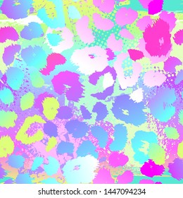 Abstract seamless chaotic leopard print with  elements, scuffed, drops and sprays. Grunge pastel texture background. Wallpaper for girls. Fashion style pattern