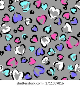 Abstract seamless chaotic leopard print and hearts elements  Grunge texture background  Wallpaper for girls  Fashion style pattern
