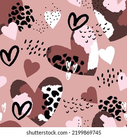 Abstract seamless chaotic leopard print with hearts elements. Grunge texture background. Wallpaper for girls. Fashion style pattern