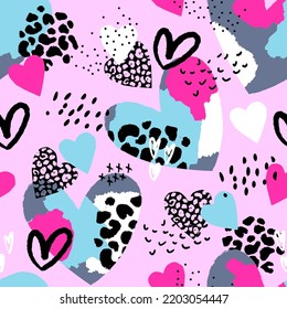 Abstract seamless chaotic leopard print with hearts elements. Grunge texture background. Wallpaper for girls. Fashion style pattern