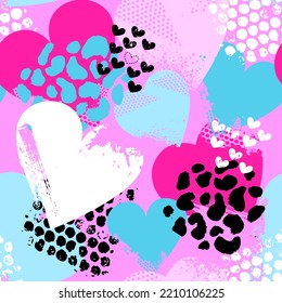 Abstract seamless chaotic leopard print with hearts elements. Grunge texture background. Wallpaper for girls. Fashion style pattern