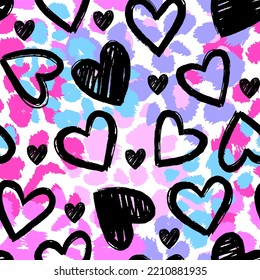 Abstract seamless chaotic leopard print with hearts elements. Grunge texture background. Wallpaper for girls. Fashion style pattern