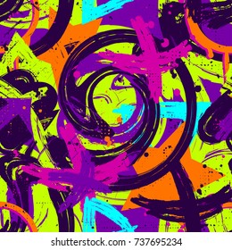 Abstract Seamless Chaotic Patter In Bright Neon Colors With X, Stars, Triangles, Rounds, Spray Paint Ink. Teenagers Graffiti Style Wallpaper. Grunge Urban Repeated Backdrop For Textile, Wrapping Paper