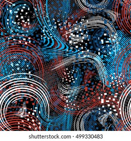 Abstract seamless chaotic pattern brush with urban geometric elements, rectangle, scuffed, drops, scratch, spots, brush pen, pocket brush pen, sprays Grunge neon texture background. 