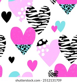 Abstract seamless chaotic pattern with colorful hearts. Animal print, leopard texture. Cool background. Wallpaper for girl. Fashion urban style