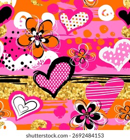 Abstrato padrão caótico sem emenda com corações coloridos.  Legal fundo engraçado. Papel de parede para menina.