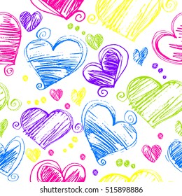 Abstract seamless chaotic pattern with colrful hand drawn hearts on white background. Cute Wallpaper for girls.