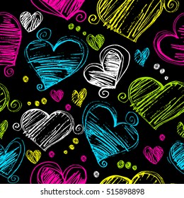 Abstract seamless chaotic pattern with colrful hand drawn hearts on black background. Cute Wallpaper for girls.