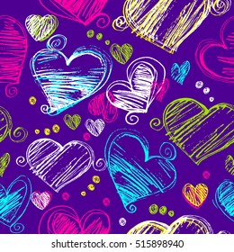Abstract seamless chaotic pattern with colrful hand drawn hearts on violet background. Cute Wallpaper for girls.