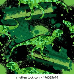 Abstract seamless chaotic pattern with dinosaurs in military style. Modern grunge background . Wallpaper for boys and girls