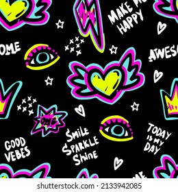 Abstract seamless chaotic pattern with eyes, lips, heart, graffiti, words. Grunge texture background. Wallpaper for girls. Fashion cool  teen style