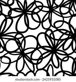 Abstract seamless chaotic pattern with abstract flowers. Line art monochrome background. Wallpaper for girls. Black and white
