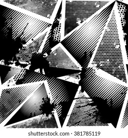 Abstract seamless chaotic pattern with geometric elements, scuffed, drops, sprays, triangle. Grunge texture background.  Black and white wallpaper