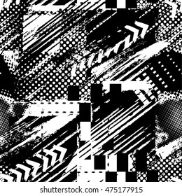Abstract seamless chaotic pattern with geometric elements, scuffed, drops, sprays, triangle.  Black and white grunge background for boys and girls, textile and fabric. Urban modern dark wallpaper.