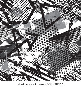 Abstract seamless chaotic pattern with geometric elements, scuffed, drops, sprays, triangle. Black and white grunge background for boys and girls, textile and fabric. Urban modern dark wallpaper.