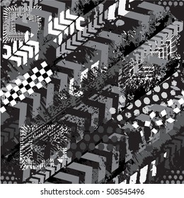 Abstract seamless chaotic pattern with geometric elements, scuffed, drops, sprays, triangle. Black and white grunge background for boys and girls, textile and fabric. Urban modern dark wallpaper.