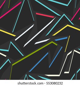 Abstract seamless chaotic pattern with geometric elements. Black and white. Urban modern dark wallpaper.