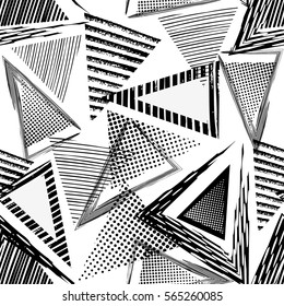 Abstract seamless chaotic pattern with geometric elements, scuffed, drops, sprays, triangle. Black and white grunge background for boys and girls, textile and fabric. Urban modern dark wallpaper.