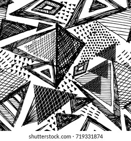 Abstract seamless chaotic pattern with geometric elements, scuffed, drops, sprays, triangle. Black and white grunge background for boys and girls, textile and fabric. Urban modern dark wallpaper.