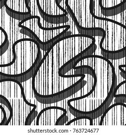 Abstract seamless chaotic pattern with geometric elements, scuffed, drops, sprays, triangle. Grunge texture background. Black and white wallpaper