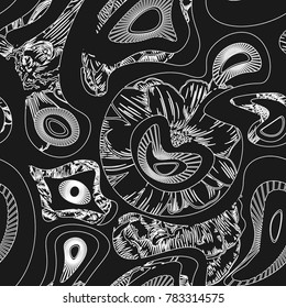 Abstract seamless chaotic pattern with geometric elements. Black and white background for boys and girls, textile and fabric. Urban modern wallpaper.