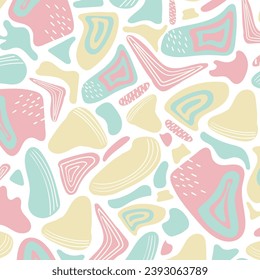 Abstract seamless chaotic pattern for girls and boys. Modern wallpaper in trendy pastel colors. Background texture with spots, dots and blots. Repeat endless design, editable vector illustration