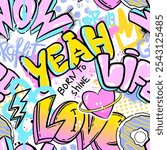 Abstract seamless chaotic pattern with graffiti words. Bright neon Grunge texture background. Wallpaper for girls.  Fashion urban  style