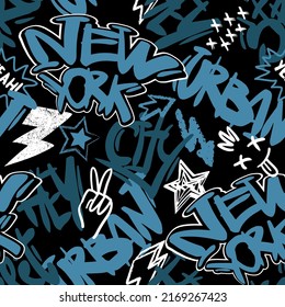 Abstract seamless chaotic pattern with graffiti words NEW YORK. Grunge texture background. Wallpaper for boys. Fashion urban  style 