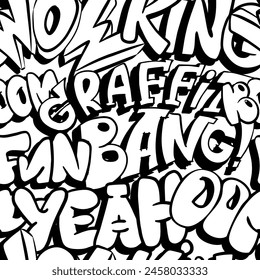 Abstract seamless chaotic pattern with graffiti words. Grunge texture background. Wallpaper for boys. Fashion urban  style 