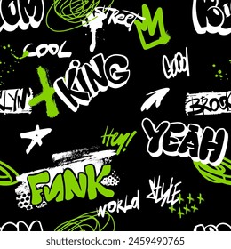 Abstract seamless chaotic pattern with graffiti words. Grunge texture background. Wallpaper for boys. Fashion urban  style 